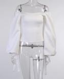 Elegant  Slash Neck Womens T Shirt Vintage Lantern Sleeve Bandage Casual White Tee Shirts Slim Solid Office Lady Tops 2