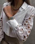 White  Lace Hollow Out Women Shirt 2022 Fashion Black Vintage Button Shirts Tops Long Sleeve Mesh Satin Blouses Femme 19