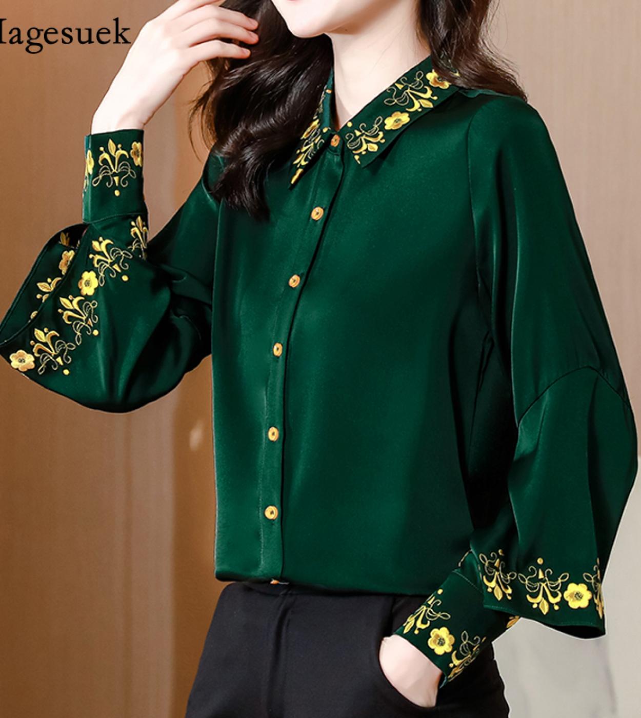 Women Embroidery Flowers Satin Shirt Long Sleeve Tops Elegant Blouse  Fashion