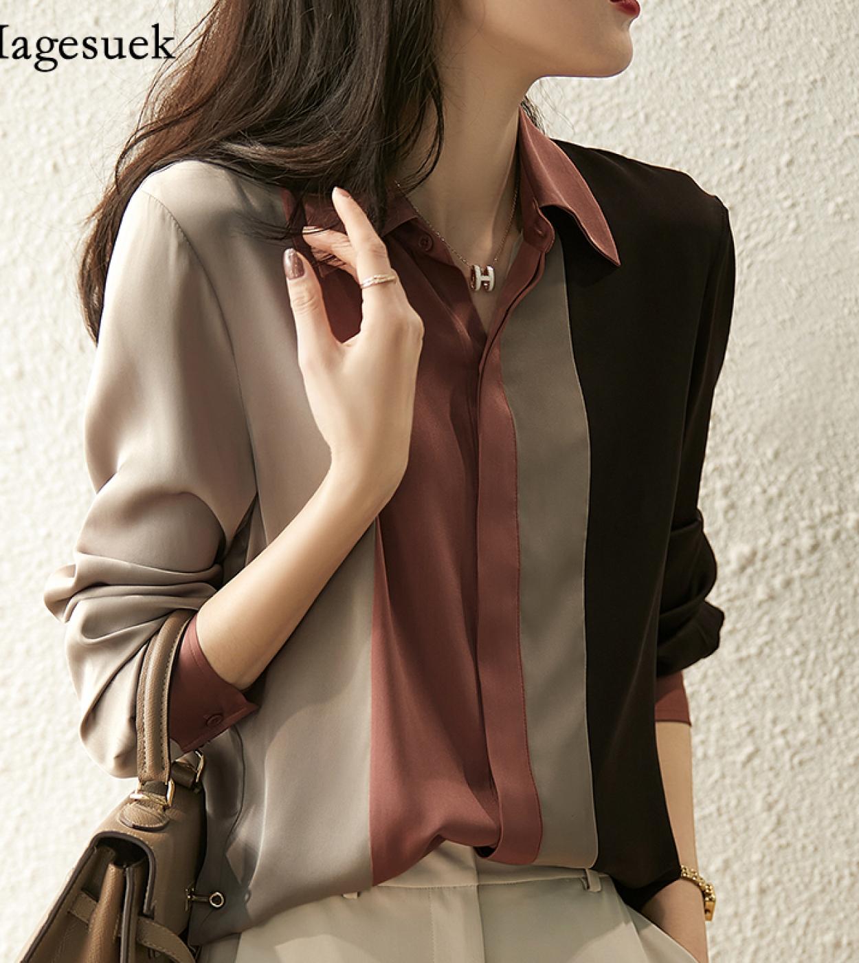 Vintage Long Sleeve Satin Women Blouse Autumn New Polo Collar Button Women Shirt Elegant Oversized Loose Tops Clothing N