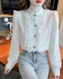 Fashion Lace Chiffon Blouse Women Elegant Ruffles Patchwork White Shirts Stand Collar Long Sleeve Elegant Blouses Tops N