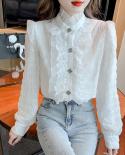 Fashion Lace Chiffon Blouse Women Elegant Ruffles Patchwork White Shirts Stand Collar Long Sleeve Elegant Blouses Tops N