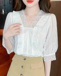 Lace White Blouse Women Summer Fashion Embroidery Flower V Neck Women Shirt Casual Tops Cotton Half Sleeve Ruffle Blouse