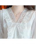 Lace White Blouse Women Summer Fashion Embroidery Flower V Neck Women Shirt Casual Tops Cotton Half Sleeve Ruffle Blouse