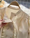 Vintage Double Breasted Women Shirts Stand Collar Ruffled Elegant Blouse Women Lantern Long Sleeve Loose Elegant Shirt T