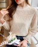 Crochet Hollow Embroidery Lace Shirt Women Elegant Edible Tree Fungus Ladies Blouse Stand Collar Flare Long Sleeve Tops 
