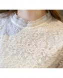 Crochet Hollow Embroidery Lace Shirt Women Elegant Edible Tree Fungus Ladies Blouse Stand Collar Flare Long Sleeve Tops 