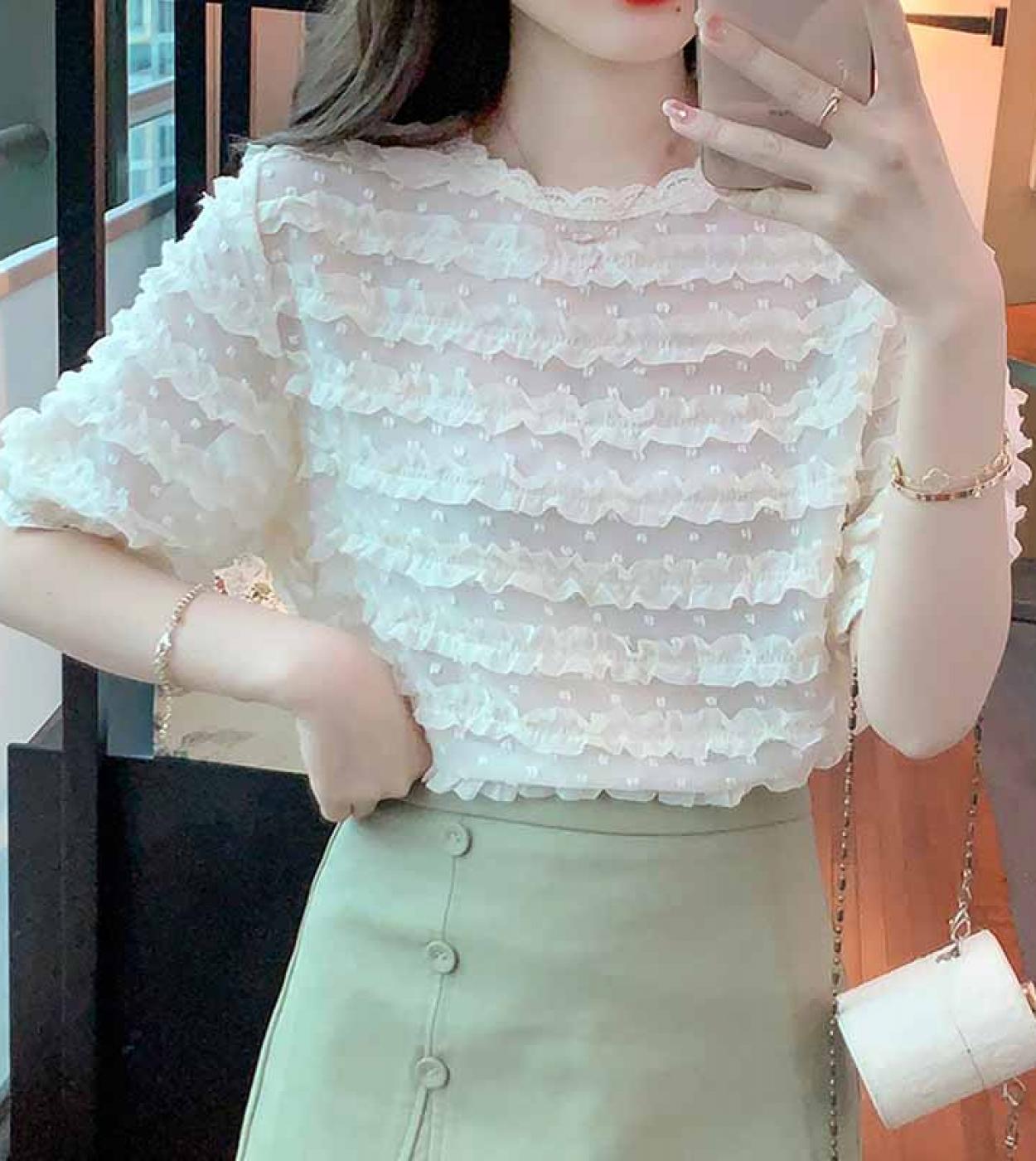 Summer Short Sleeve Lace Blouse Woman Elegant O Neck Solid Chiffon Shirts Tops Fashion Clothing Womens Shirts Chic Blus