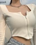 Autumn New Knitted White T Shirt Women Long Sleeve Zipper Slim Cropped Tee Shirt Woman Sunscreen Irregular Woman T Shirt
