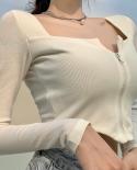 Autumn New Knitted White T Shirt Women Long Sleeve Zipper Slim Cropped Tee Shirt Woman Sunscreen Irregular Woman T Shirt