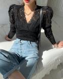 Spring Chic V Neck Lace Embroidery Women Blouse Puff Sleeve Vinatge Women Lace Shirt Tops Female Silm Casual Woman Blous