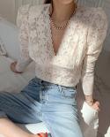 Spring Chic V Neck Lace Embroidery Women Blouse Puff Sleeve Vinatge Women Lace Shirt Tops Female Silm Casual Woman Blous
