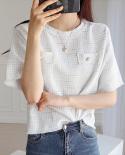 Coarse Woven Short Sleeve Summer Tops Women  Fashion O Neck Woman Blouses Shirt Oversized Womens Summer Clothing New 144