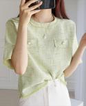 Coarse Woven Short Sleeve Summer Tops Women  Fashion O Neck Woman Blouses Shirt Oversized Womens Summer Clothing New 144