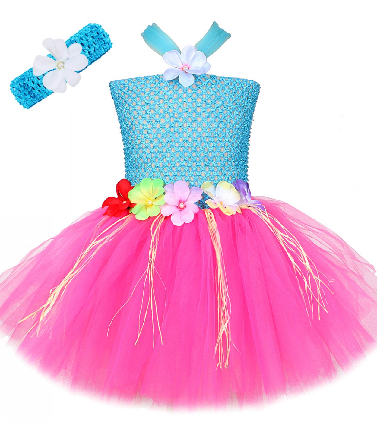 Luau Hawaiian Grass Tutu Dress For Girls Hula Birthday Party Outfit Kids Girl Halloween Costumes Flower Princess Dance D