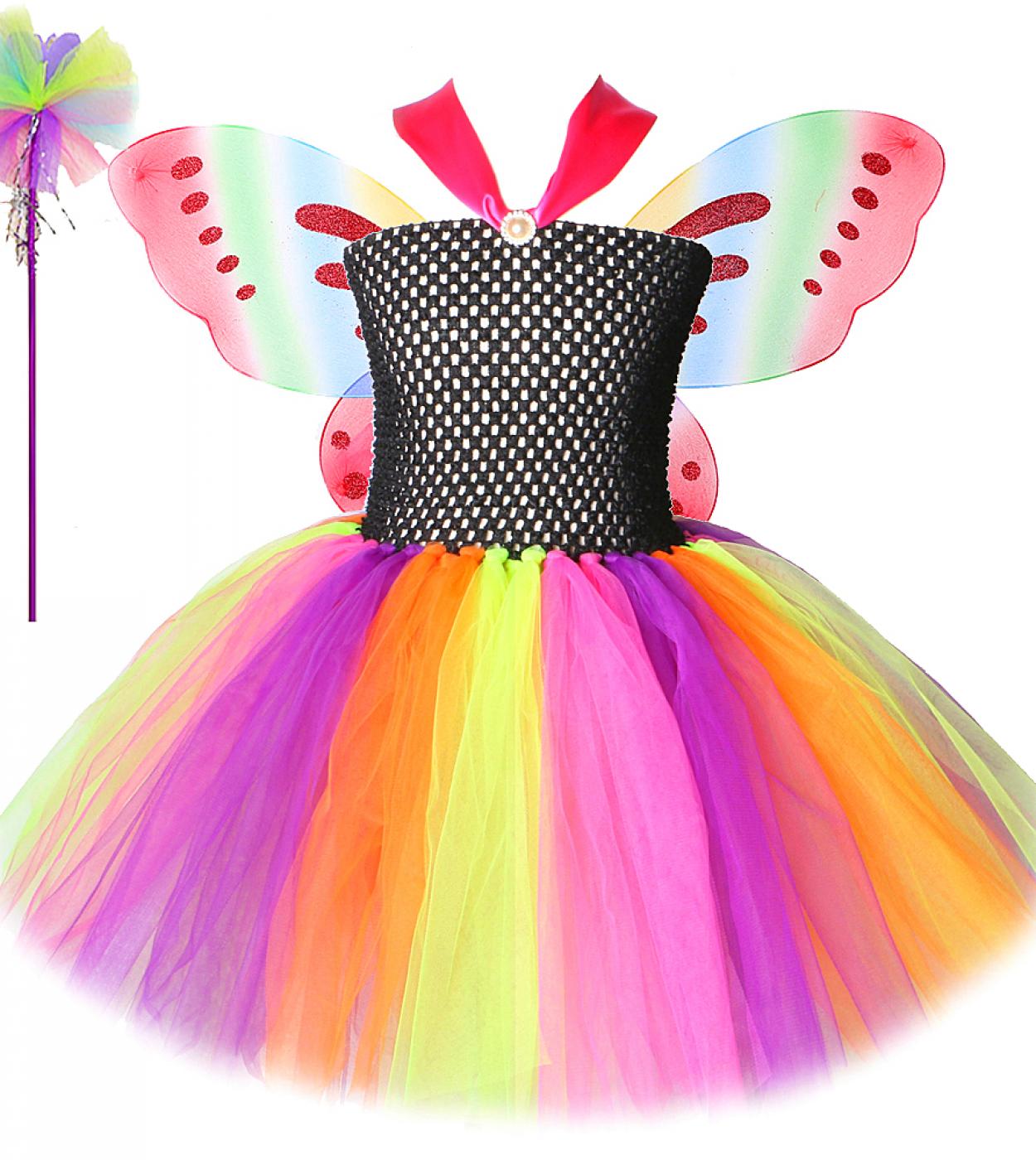 Vestido Tutu Fada Arco-Íris para Meninas Trajes de Festa de Halloween para Crianças Vestidos Fantasia de Princesa com Asas de Bo