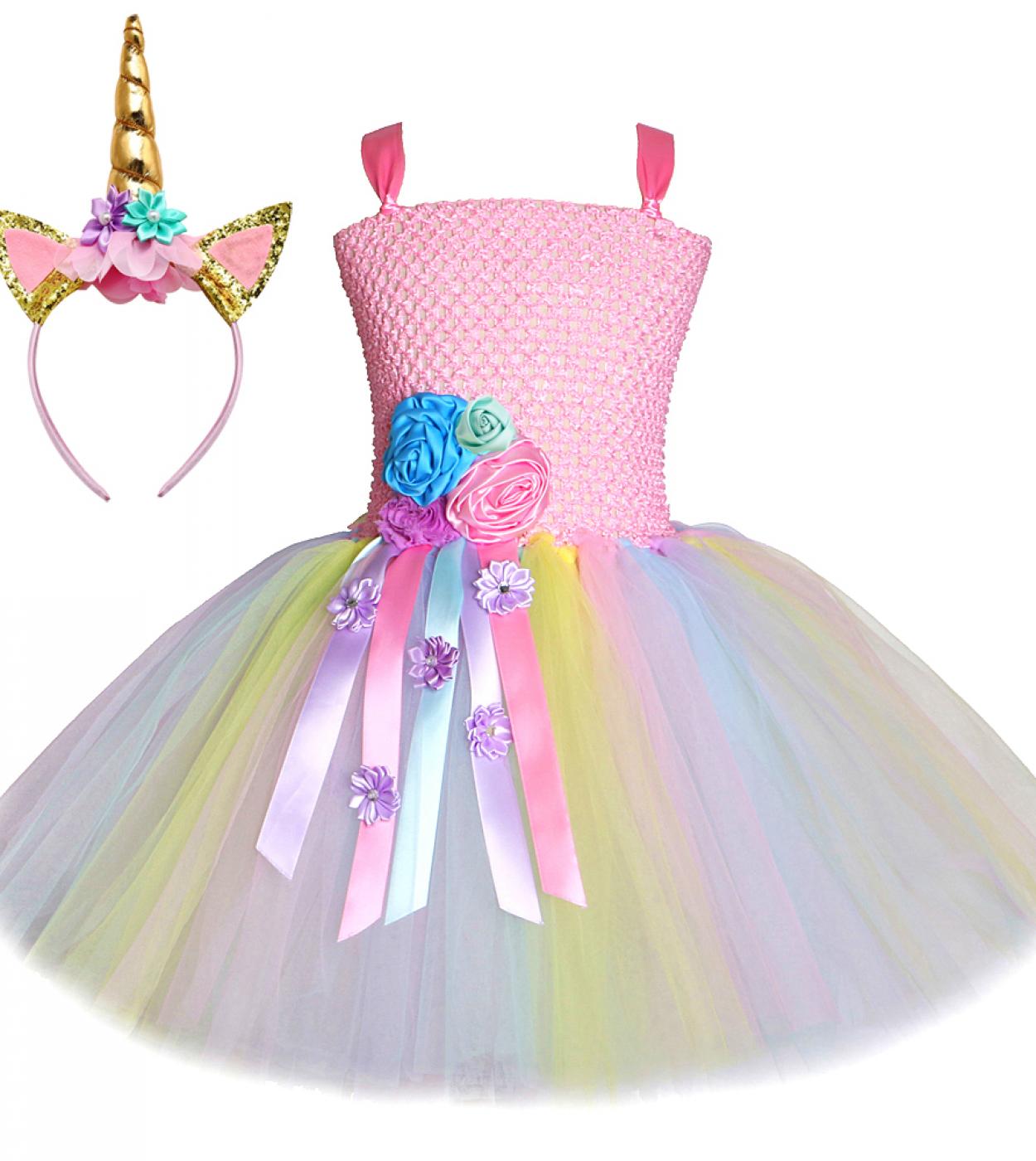 Pink Pastel Flower Girl Unicorn Dress Kids Tutu Costume Outfit For Halloween Birthday Party Princess Dresses With Horns 
