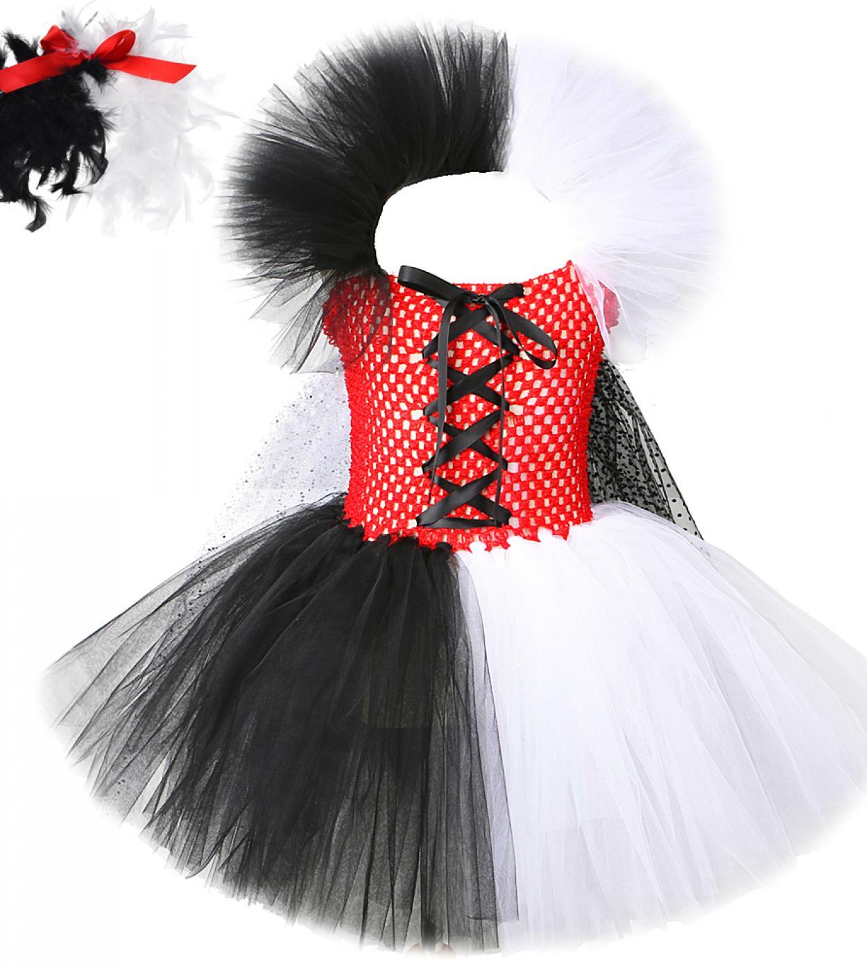 Evil Cruella Halloween Costumes For Girls Black White Witch Tutu Dress With Cloak Dalmatian Dog Outfit For Kids Cosplay 