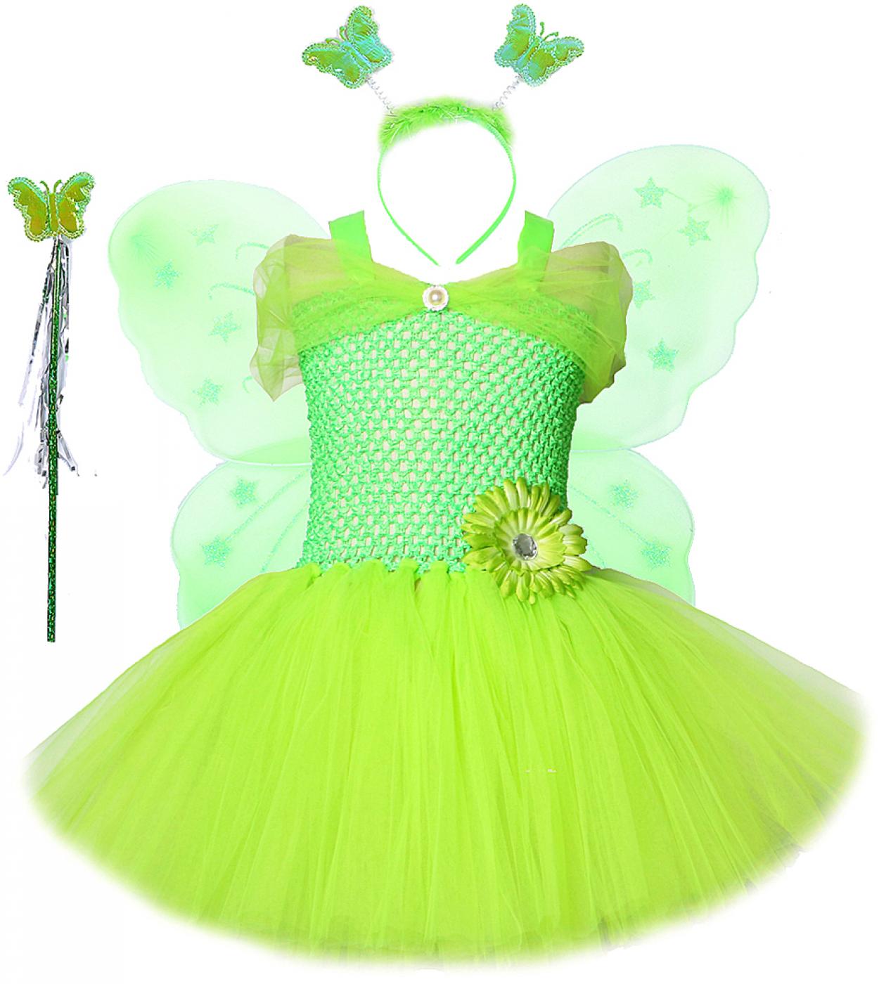 Vestido tutú de hada verde para niñas con alas de mariposa, vestidos de princesa de cumpleaños para niños, disfraz de Navidad pa