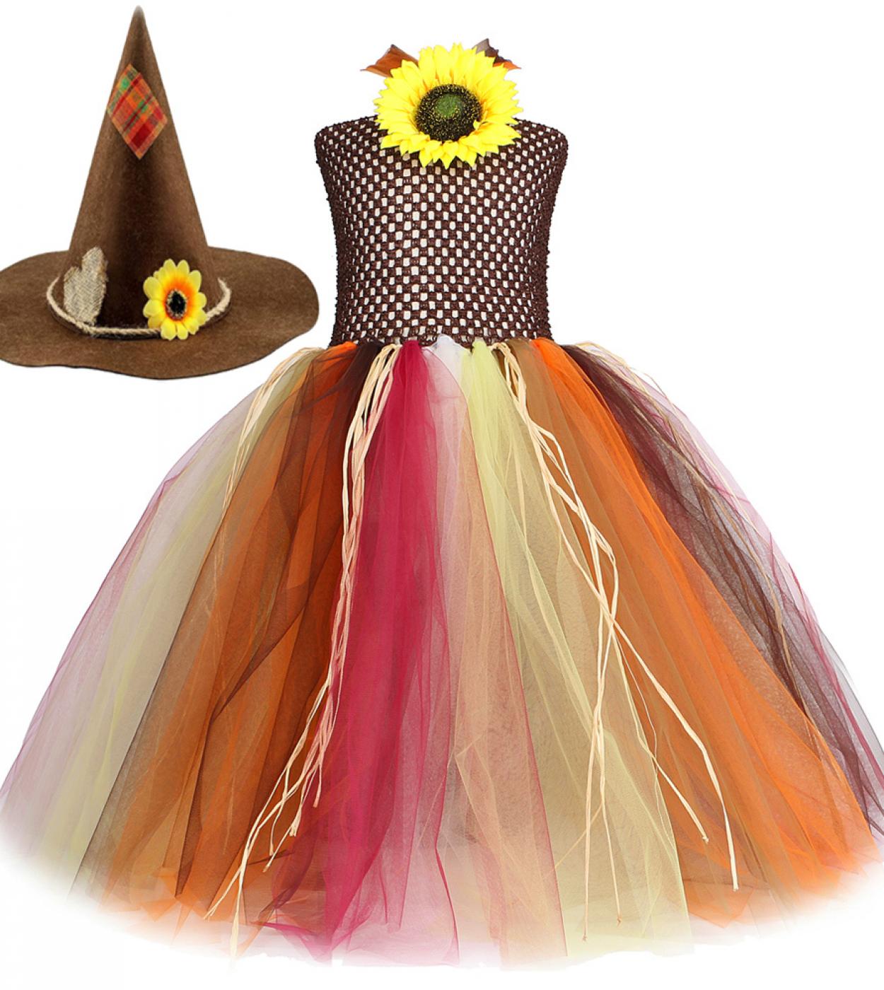 Scarecrow Witch Dresses For Girls Carnival Halloween Costume For Kids Sunflower Fall Autumn Tutu Outfit Children Fancy B