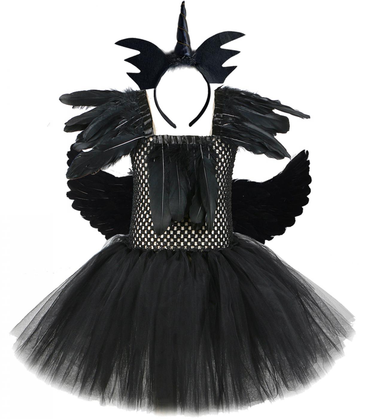 Asas de anjo preto vestido tutu para meninas crianças bruxa fantasias de halloween crianças vestidos extravagantes princesa meni