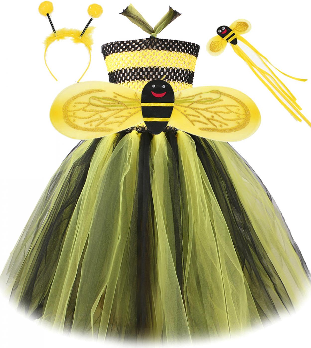 צהובה שחורה דבורת דבש שמלת טוטו ארוכה לילדות תחפושות ליל כל הקדושים לילדים ילדה שמלות פיות עם כנפי דבורה