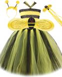 צהובה שחורה דבורת דבש שמלת טוטו ארוכה לילדות תחפושות ליל כל הקדושים לילדים ילדה שמלות פיות עם כנפי דבורה