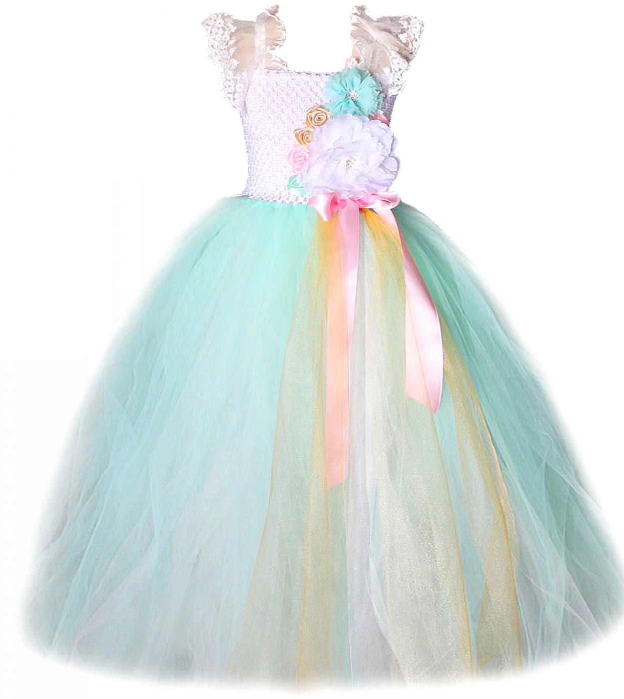 Lace Flower Girl Long Dress Wedding Birthday Tulle Dresses For Girls Princess Tutu Costumes Halloween Kids Turquoise Bal