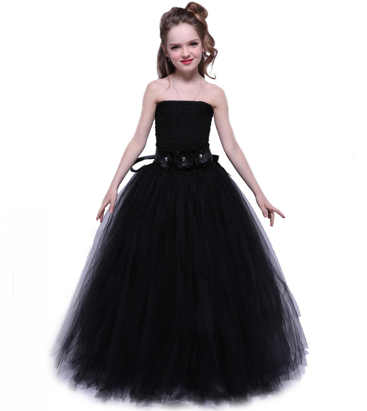 Vestido largo negro sólido para chicas adolescentes vestidos de princesa con cinturón de flores disfraces de desfile de Hallowee