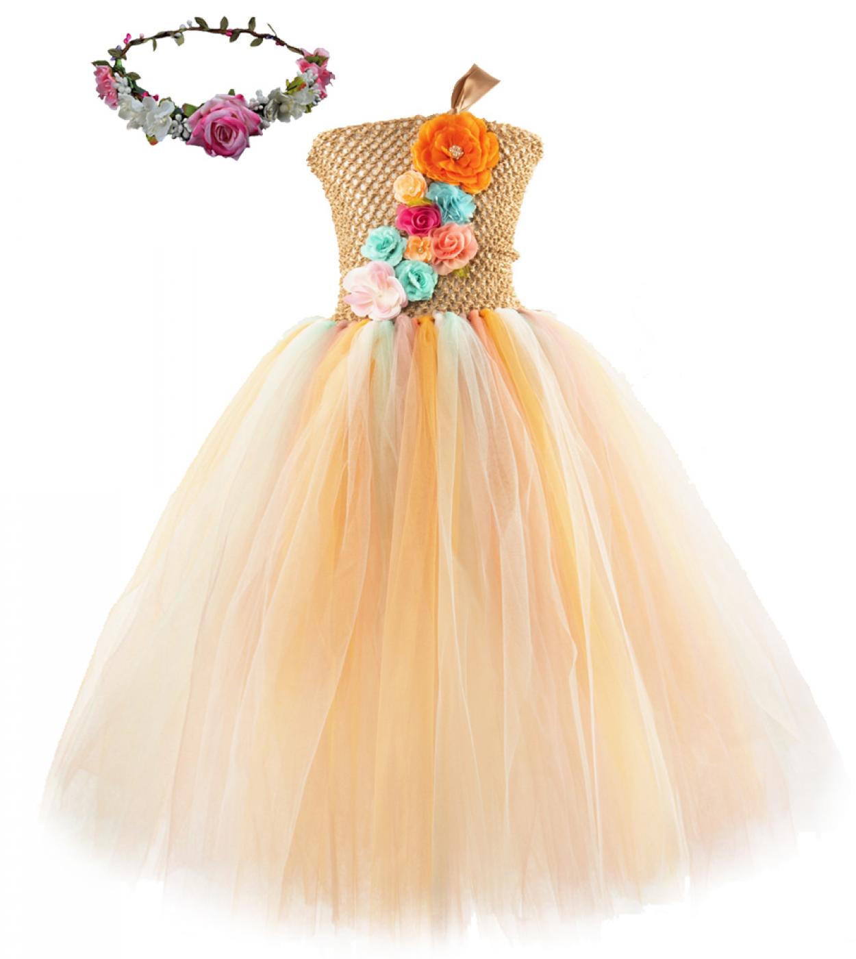 ילדת פרח שמלת טוטו נסיכה ארוכה תחפושות פיות לילדים בנות שמלות טול רצפה עם זר ליום הולדת חתונה