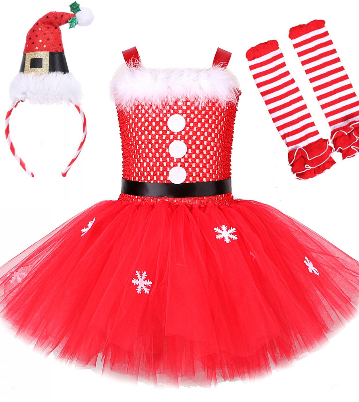 Santa Claus Costumes For Girls Christmas Tutu Dress For Kids Girl New Year Tulle Outfit With Socks Children Xmas Party C