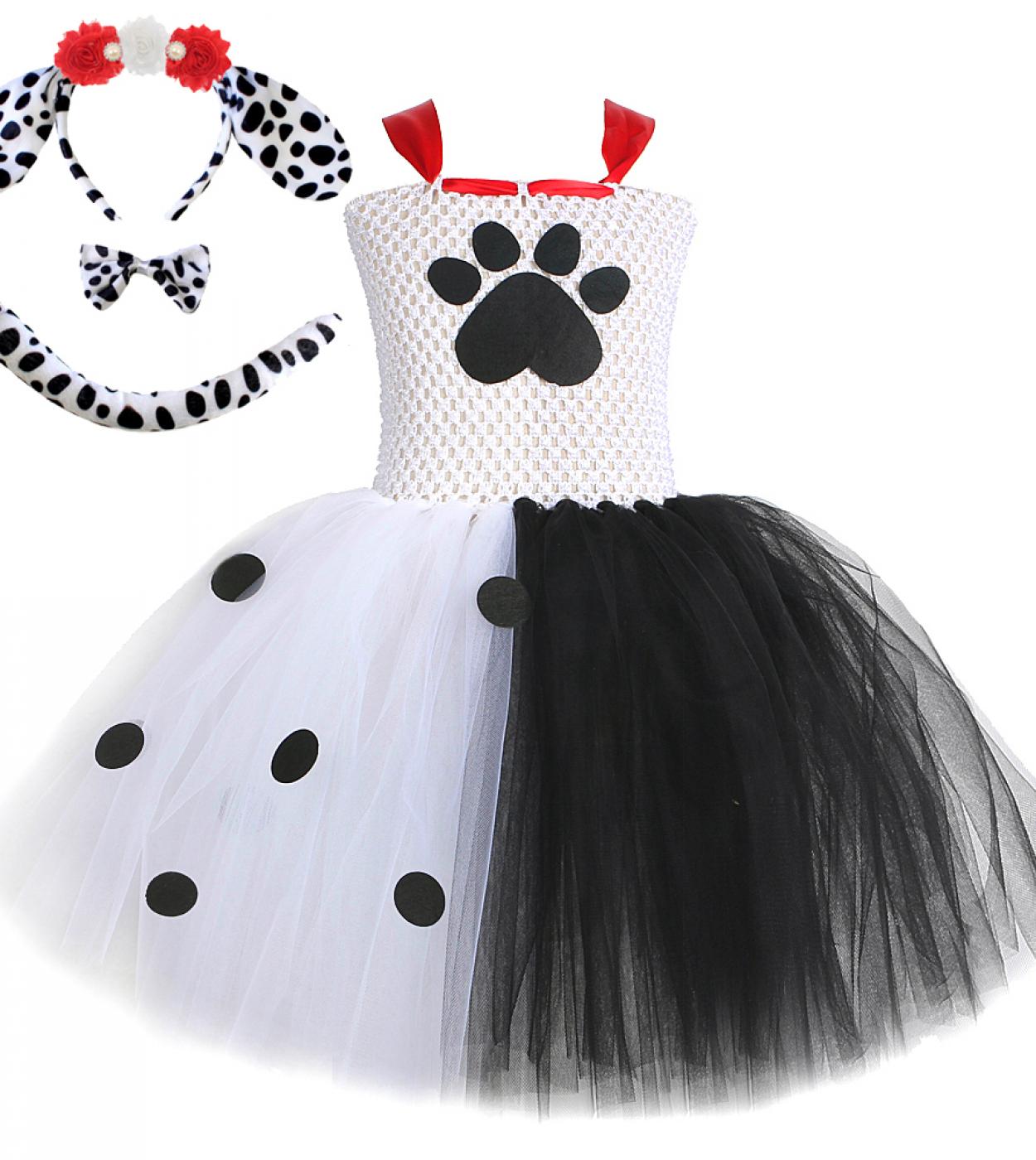 White Black Dalmatians Dog Tutu Dress Girl Cruella Villain Halloween Costumes For Kids Toddler Animal Puppy Outfit Cloth
