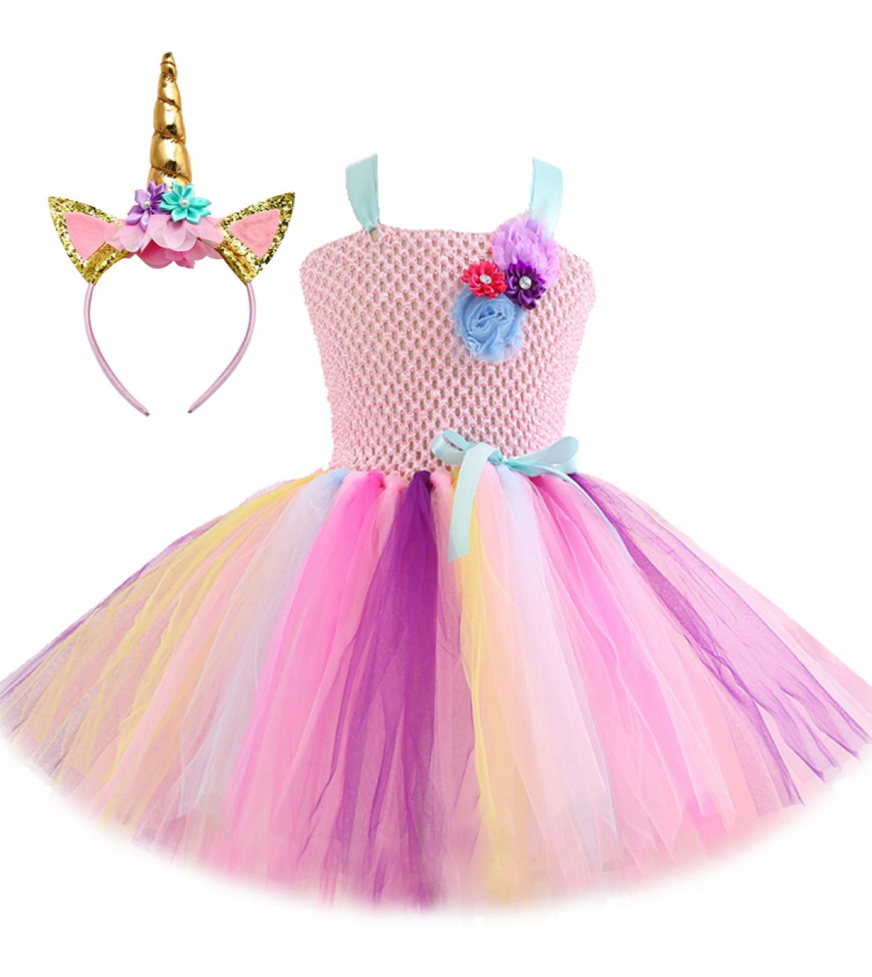 Unicorn Tutu Dress For Girls Princess Unicorns Costumes For Kids Girl Birthday Dresses With Flower Headband Child Clothe
