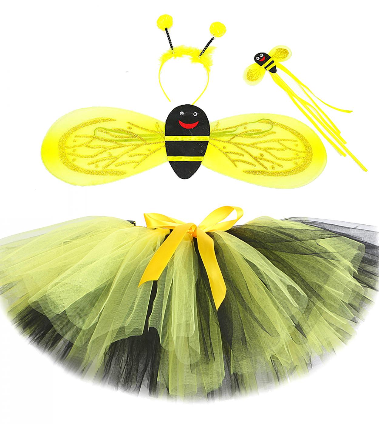 Traje de falda tutú de abeja para niñas bebés cumpleaños disfraces de Halloween con alas niños pequeños amarillo negro abeja tul