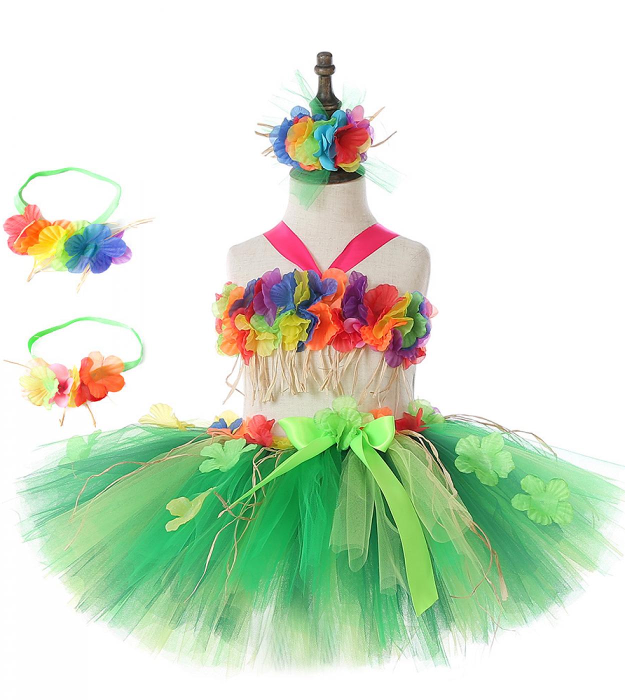 Flowers Hawaii Grass Skirt Outfits For Girls Kids Dance Tutu Skirts For Campfire Party Princess Toddler Tutus Fancy Cost
