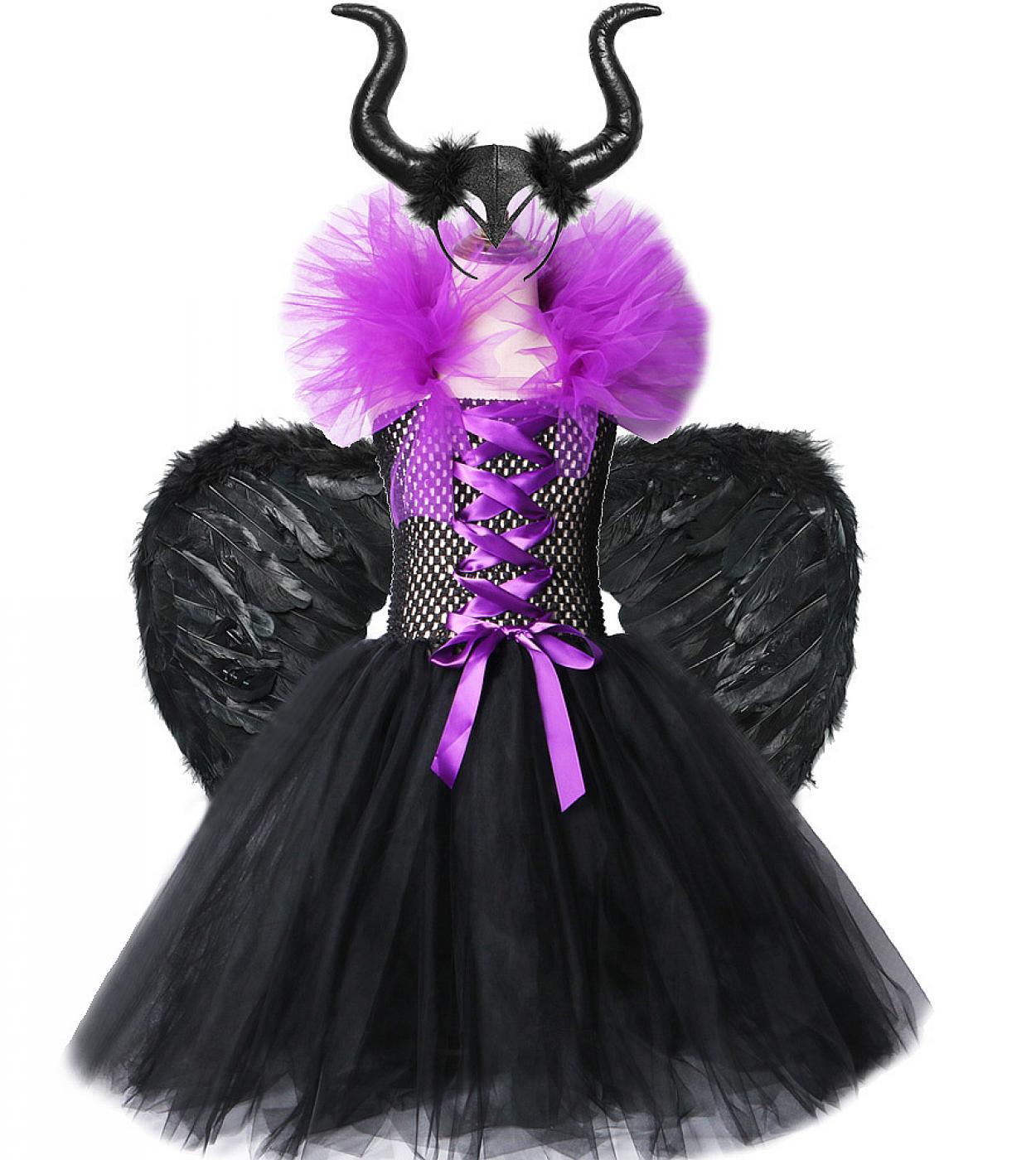 Disfraz de reina malvada, vestido tutú para niñas, Disfraces largos de Halloween para niños, cuernos, alas, ropa para niños, ves