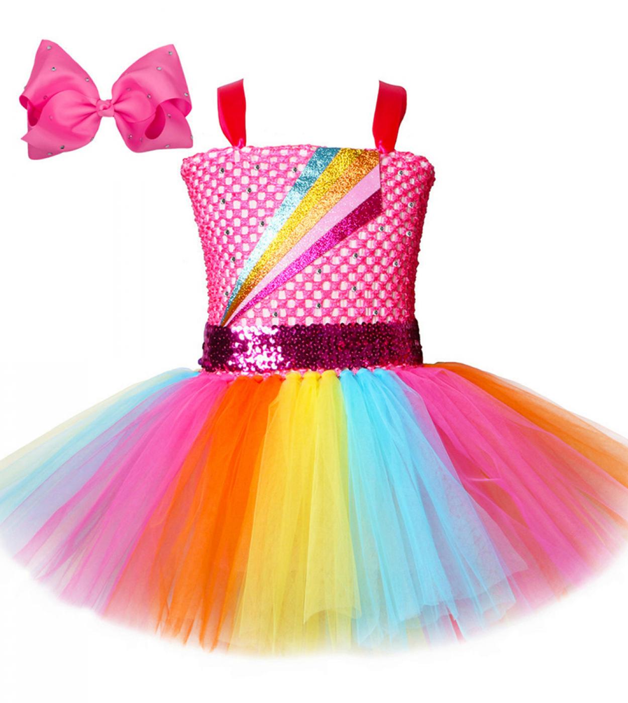 Jojo Siwa Girls Tutu Dress With Bows Rainbow Princess Dresses For Girls Kids Birthday Outfits Toddler Baby Girl Costumes