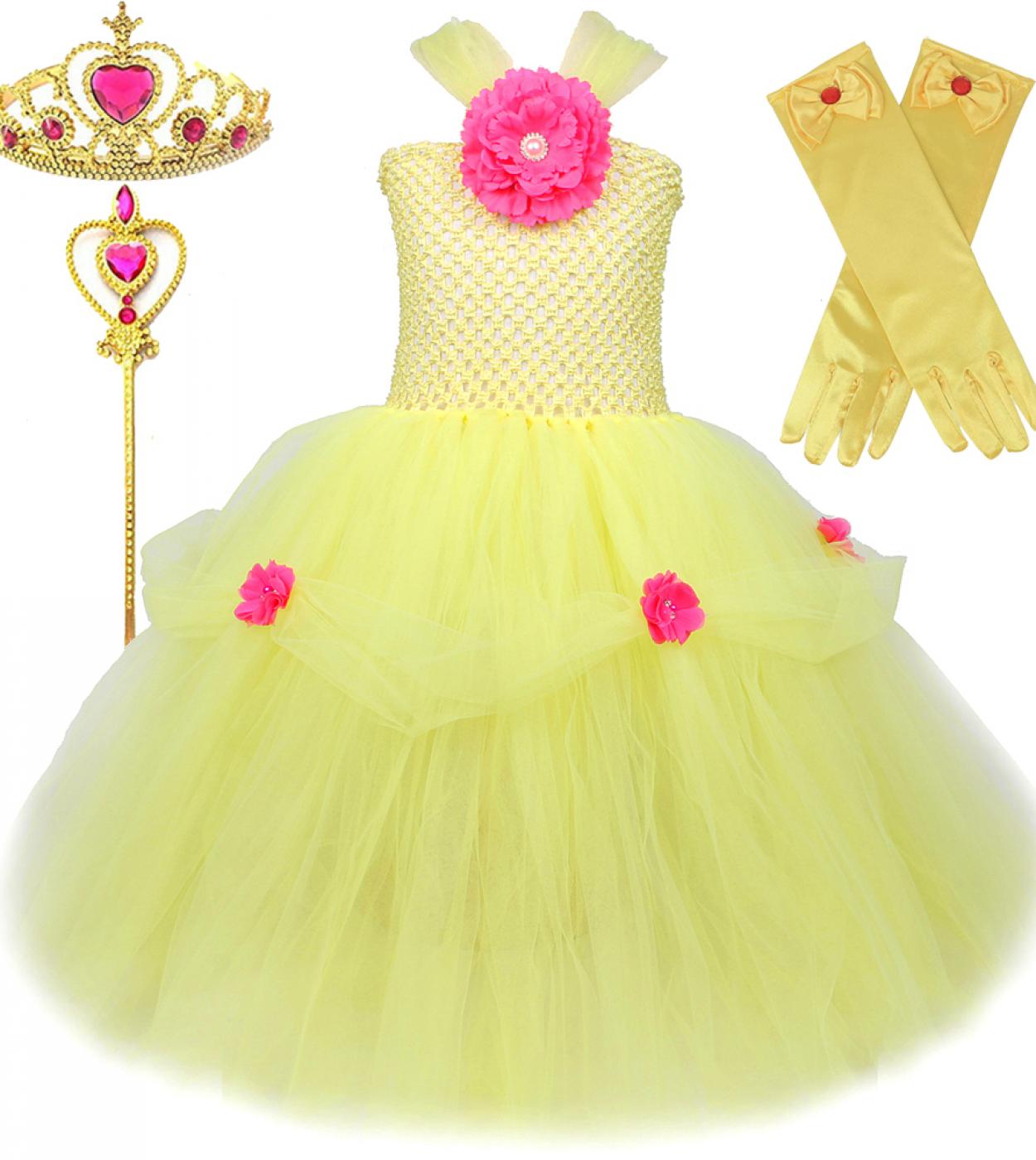Disfraz de princesa Bella, vestido tutú largo para niñas con guantes de corona, vestidos elegantes para niños, traje de fiesta d