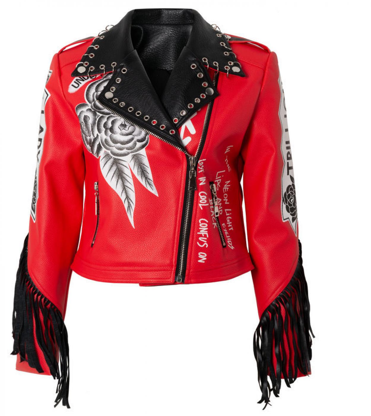 Women Spring Flower Pattern Red Pu Leather Jacket With Ring And Tassels Rivet Motorcycle Coats And Jackets Dj Club Jacke