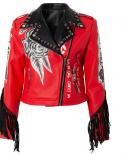 Women Spring Flower Pattern Red Pu Leather Jacket With Ring And Tassels Rivet Motorcycle Coats And Jackets Dj Club Jacke