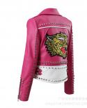 Spring And Autumn Pink Leather Jackets For Women ,tiger Embroidered Faux Leather Moto Pu Jacket And Coat With Rivets  Fa