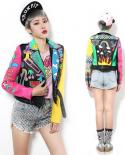 New Crazy Style Graffiti Pattern Pu Leather For Women Jacket With A Belt And Zippers Woman Motorcycle Short Leather Outw