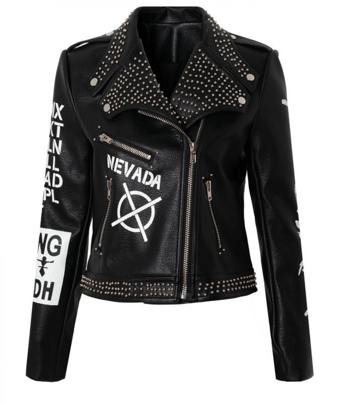 Spring Punk Rock Rivet Leather Jacket Women Letter Black Jacket And Coat Graffiti Motorcycle Colthes Motorcycle Colthes 