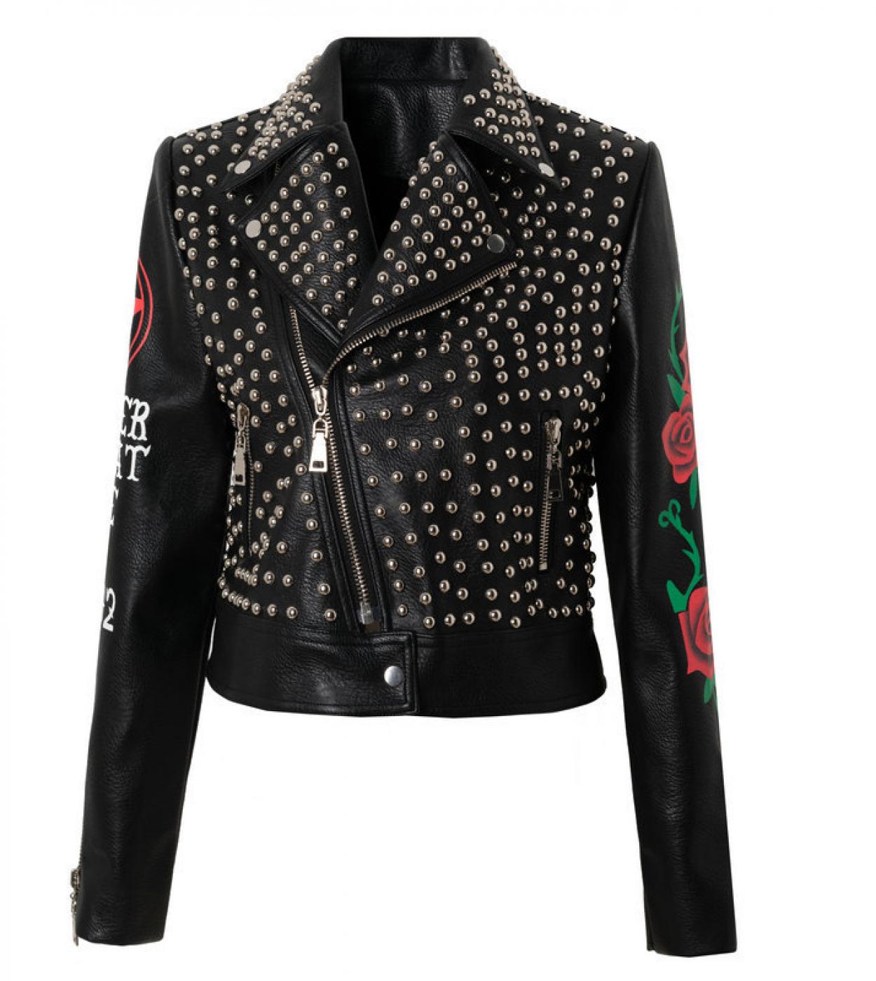 Women Spring Black Rivet Leather Jackets With Rose Rock Punk Dj Jackets And Coats For Womenjackets
