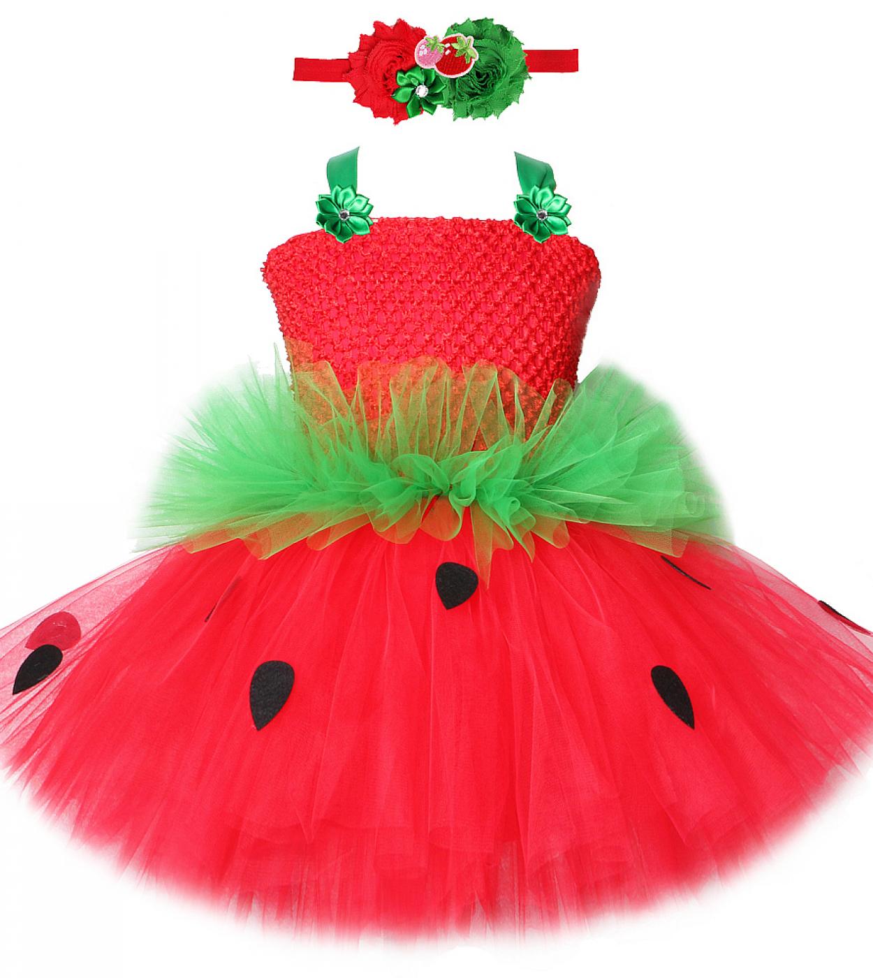Red Green Strawberry Dresses For Girls Princess Tutu Dress With Flowers Headband Toddler Kids Girl Costume For Birthday 