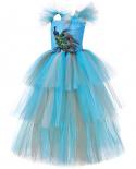 3 Layered Peacock Long Dresses For Girls Pageant Halloween Party Costumes For Kids Fancy Tutu Dress Tiered Princess Ball