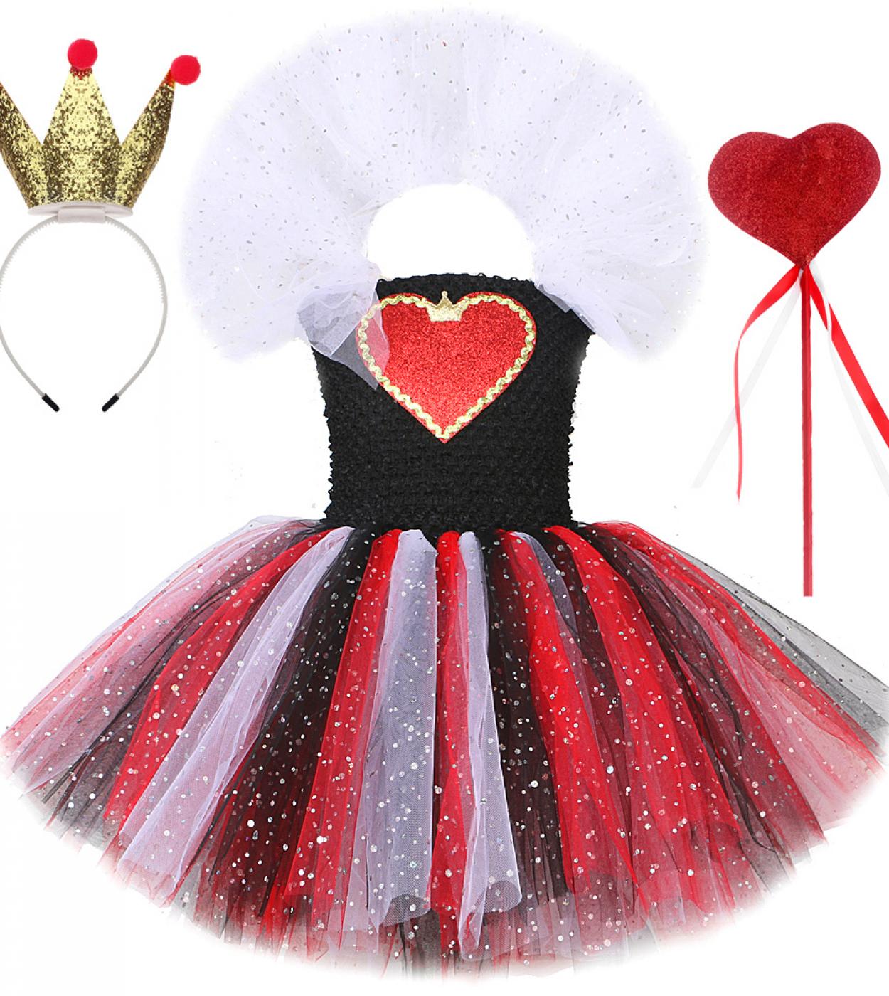أزياء ملكة القلوب الحمراء المتلألئة للفتيات فستان توتو سباركلي للهالوين للأطفال فتاة ساحرة الشيطان مع تاج