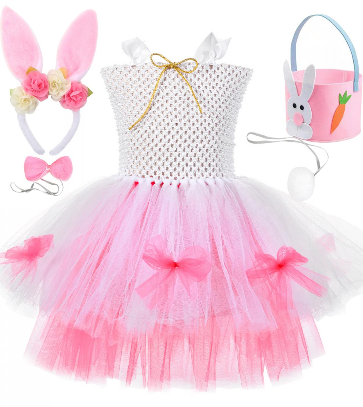 Easter Bunny Costumes For Girls Rabbit Tutu Dress With Flower Ears Kids Animal Cosplay Outfit Toddler Baby Girl Birthday