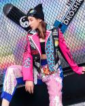 Autumn Fashion Punk Style Pink Leather Jacket Women Slim Rivet Motorcycle Jacket Graffiti Pattern  Jackets