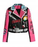 Autumn Fashion Punk Style Pink Leather Jacket Women Slim Rivet Motorcycle Jacket Graffiti Pattern  Jackets